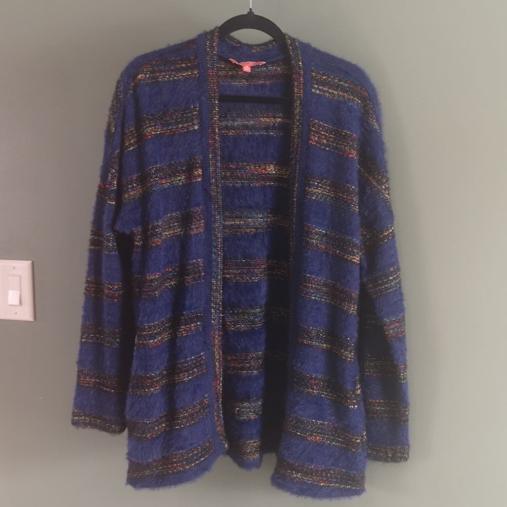 ModCloth Fuzzy Eyelash Cozy Cardigan Sweater Navy with Colourful Stripes Sz M